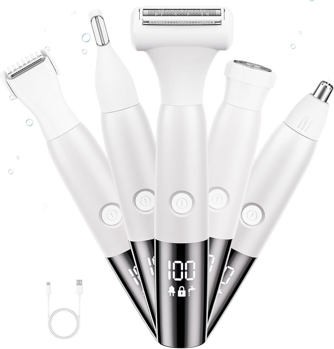 Elektrische Ladyshave - Gezichtsverzorging Trimmer - Huidverzorging Lichaam - 5-in-1 Functionaliteit - IPX7 Waterdicht - Wit