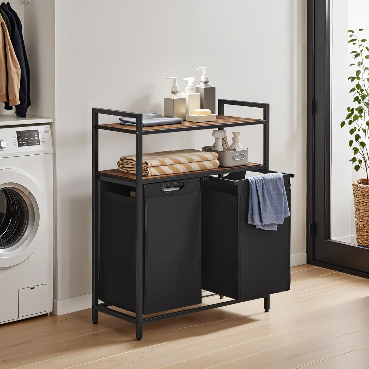 Wasmand – Metaal en stof – Zwart en grijs – Dubbele uittrekbare zakken met schappen