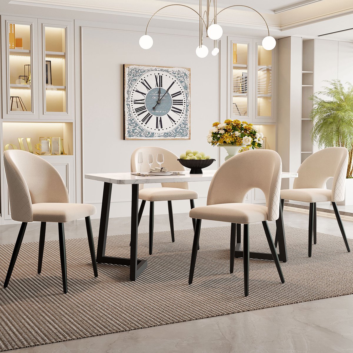 OKWISH Eettafelset Met 4 Stoelen - Fluwelen Stoelen Met Diamantpatroon En Verstelbare Poten - MDF Tafel Beige - 117×68×75 cm