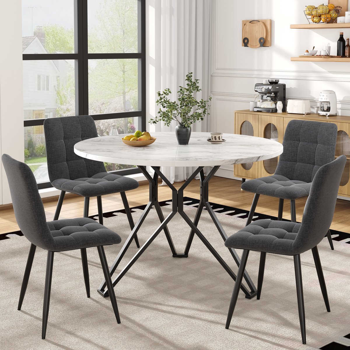 STILVORA Eettafelset 5 Delig - Ronde Tafel 100 Cm Met Marmerlook - 4 Linnen Stoelen - Voor