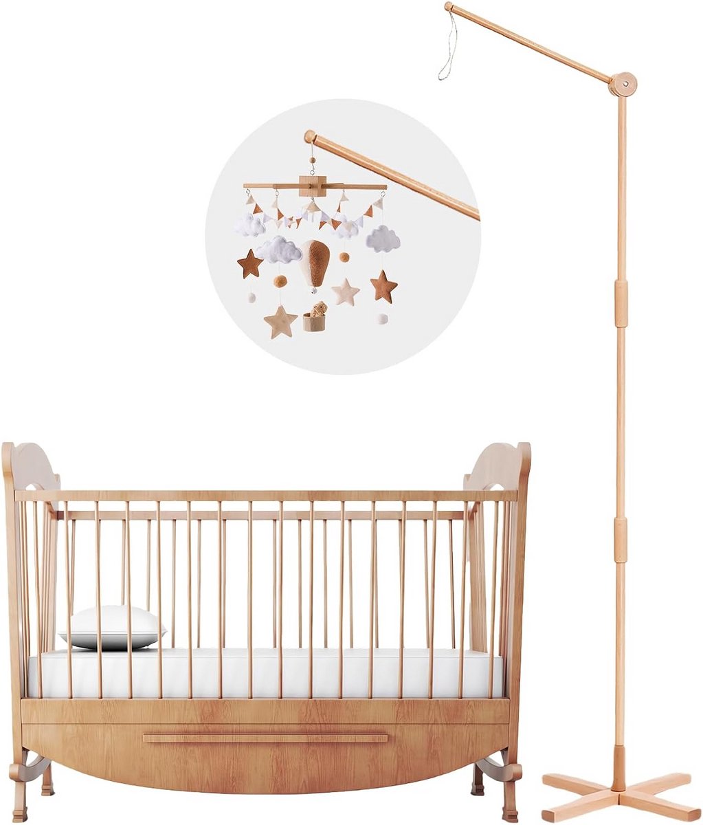Houten Standaard voor Baby Mobiel – Inclusief Haken voor Speelgoed en Muggennet