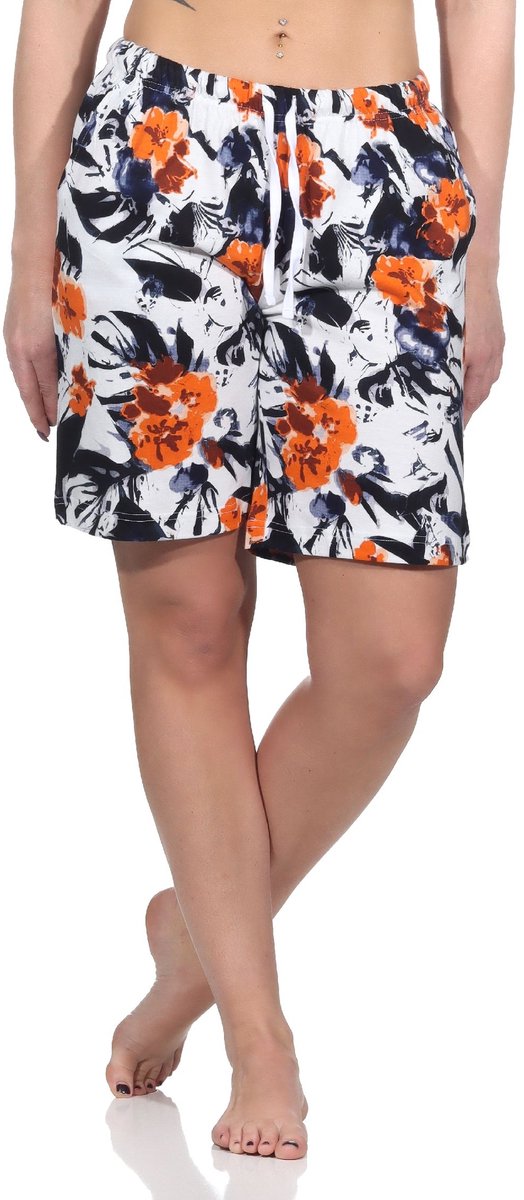 Normann Dames Shorty Pajama Broek - Mix & Match - bloemenlook - perfect te combineren orange