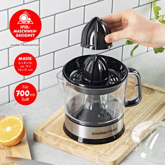 GOURMETmaxx elektrische citruspers & sinaasappelsap - Sapcentrifuge met een inhoud van 700 ml - Citruspers met diverse accessoires voor de meest verse smaak - 40 W [transparant/zilver] van GOURMETmaxx — afbeelding 2
