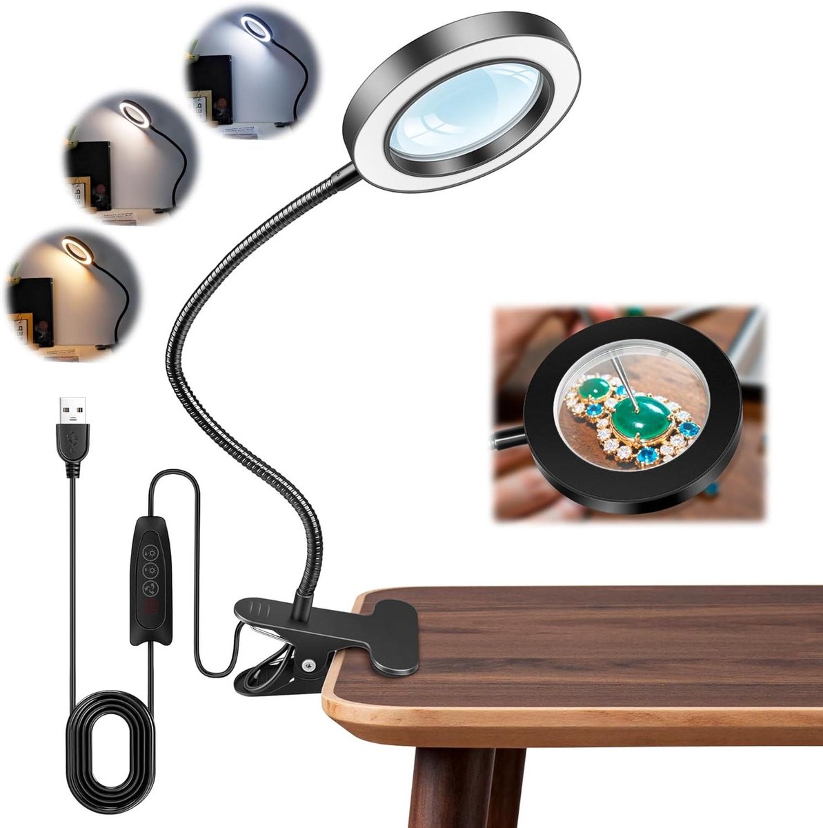 Vergrootglas met LED verlichting en USB kabel voor ambachtelijk werk - zwart - 10x vergroting - 5 kleuren - 10 helderheidsniveaus
