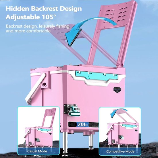 Draagbare viskist - Koelbox met stoel - Vissen en outdoor - Multifunctioneel en opvouwbaar - 26 Liter inhoud - Roze — afbeelding 3
