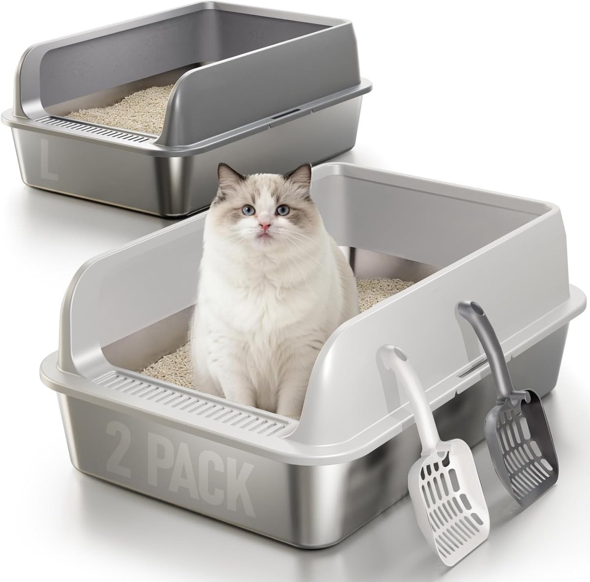 Kattenbak Set - Huisdier Toilet - Hygiënisch Thuis - Roestvrij Staal - 60x40x20 cm - Donkergrijs Lichtgrijs