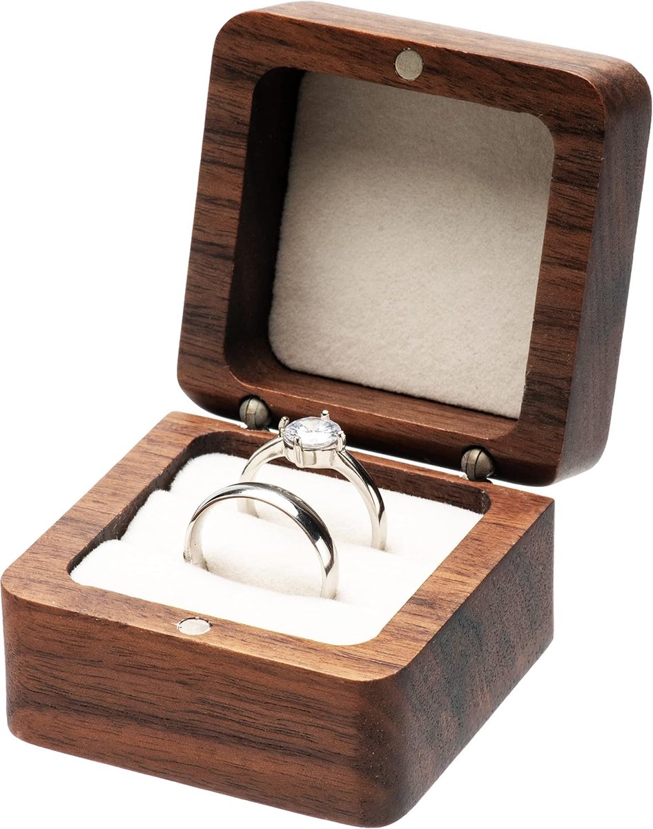 Houten Ring Doos - Dubbele Ringhouder - Bruiloft Ceremonie - Massief Hout - 5.6 x 5.6 x 3.8 cm