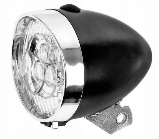Merkloos Retro Series - Koplamp Fiets - 3 LED - Voorvork Montage - Zwart/Chroom - Inclusief Batterijen — afbeelding 3