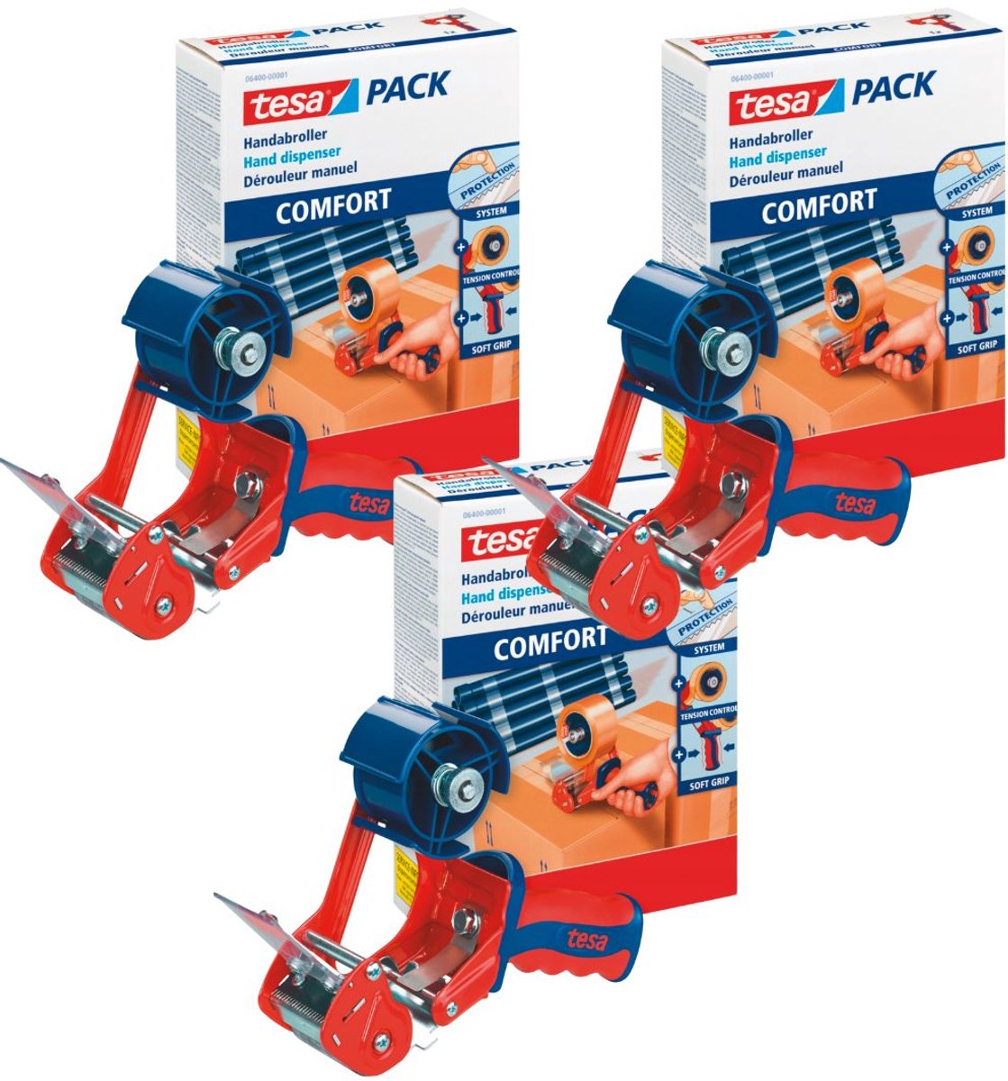 Tesa COMFORT Serie - Verpakkingstape Dispenser - Uitklapbaar Mes - Antislip Handgreep