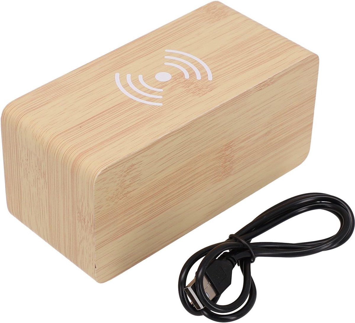 Digitale Wekker - Houten Klok - Opladen & Informeren - Met Draadloze Lader - 18 x 9 x 8 cm