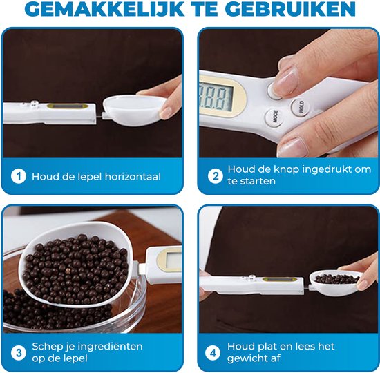 Vier stappen om de lepelweegschaal te gebruiken: horizontaal houden, knop indrukken, ingrediënten scheppen, gewicht aflezen.