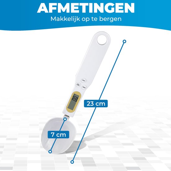 Witte lepelweegschaal met gele display, 23 cm lang en 7 cm breed.
