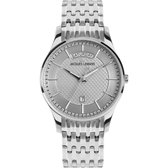 Zilverkleurig herenhorloge met een ronde wijzerplaat, datumvenster en een metalen band.