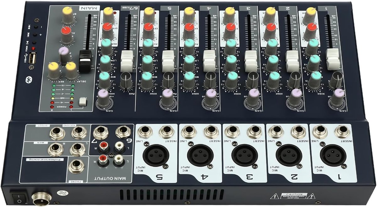 Geluidsmixer - Soundboard DJ - Live Optredens - 7 Kanalen Bluetooth - 33x23x3.7cm - Zwart