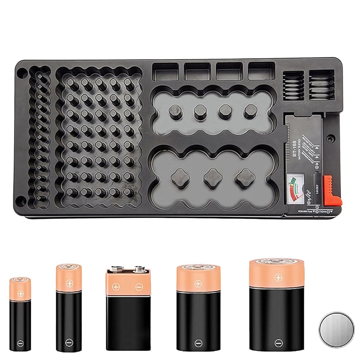 Batterij Houder Organizer - Batterij Opbergdoos - Batterijen Organiseren - Waterdichte 116-Grid Opslag - 36.8x17.5x7 cm - Zwart