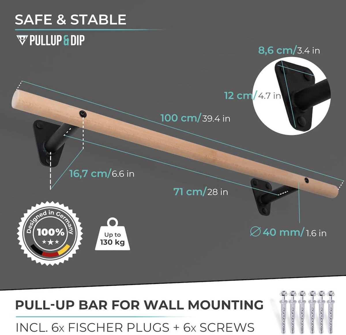 PULLUP & DIP Wood - Houten Pull-up Stang Wandmontage - Premium Beukenhout - 40mm Grip Diameter - Extra Brede Grip (100 cm) thumbnail 2