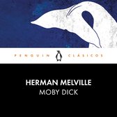 Boekomslag van Moby Dick door Herman Melville, met een afbeelding van een witte walvisstaart op een blauwe achtergrond. Penguin Clásicos.