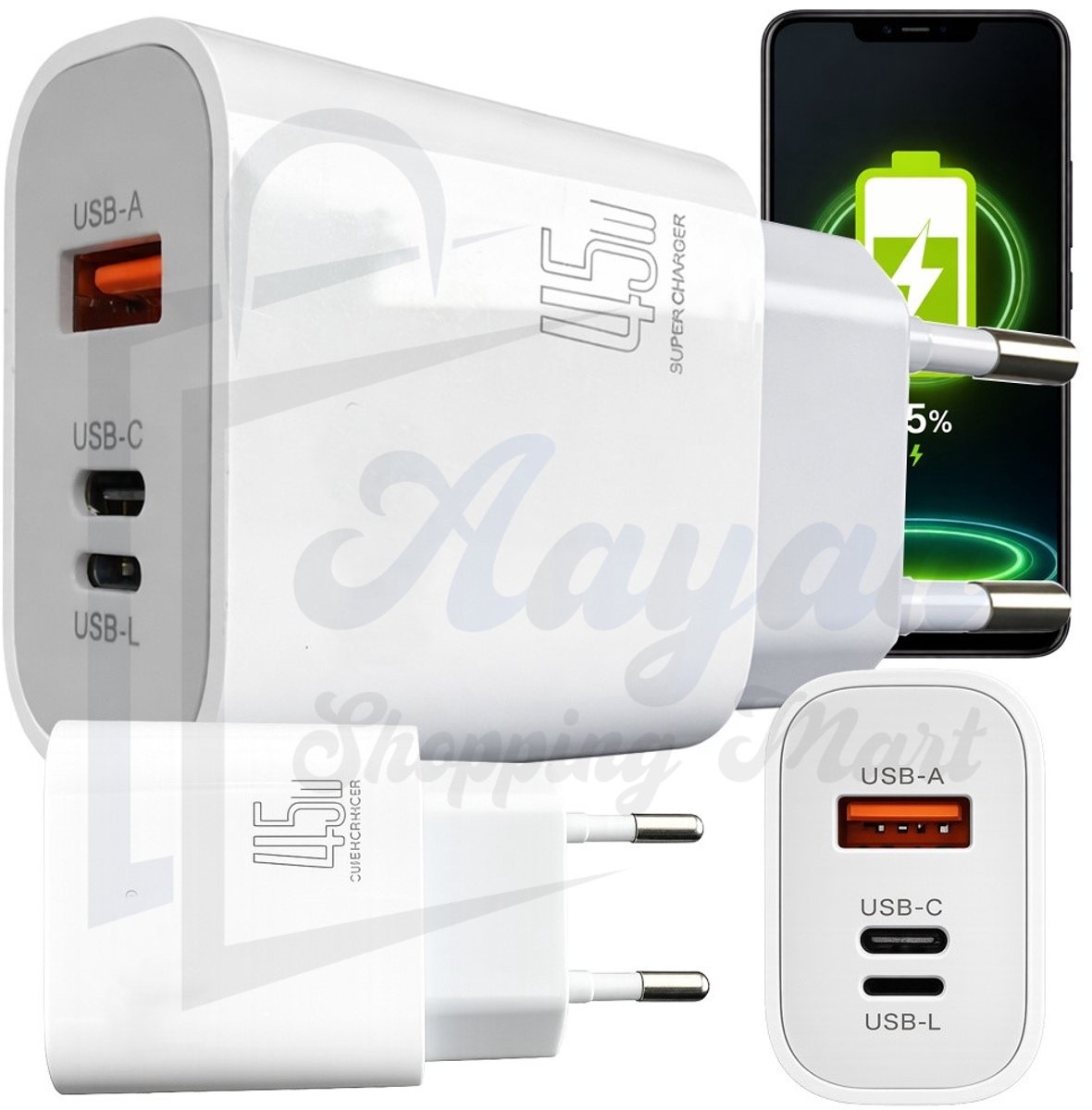 45W Snellader met USB-C, USB-A & Lightning – 3-Poorts Universele Oplader – Fast Charger voor iPhone, Tablet & Accessoires – Wit – Lightning oplader – fast charge adapter – –reis oplader – snellader voor smartphone – 85357