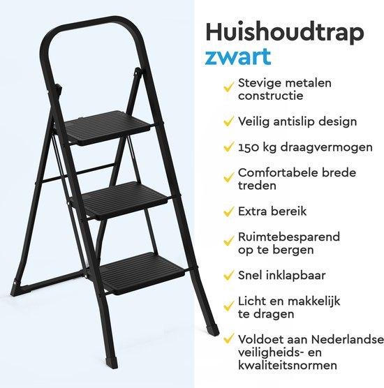 Zwarte metalen huishoudtrap met 3 treden.