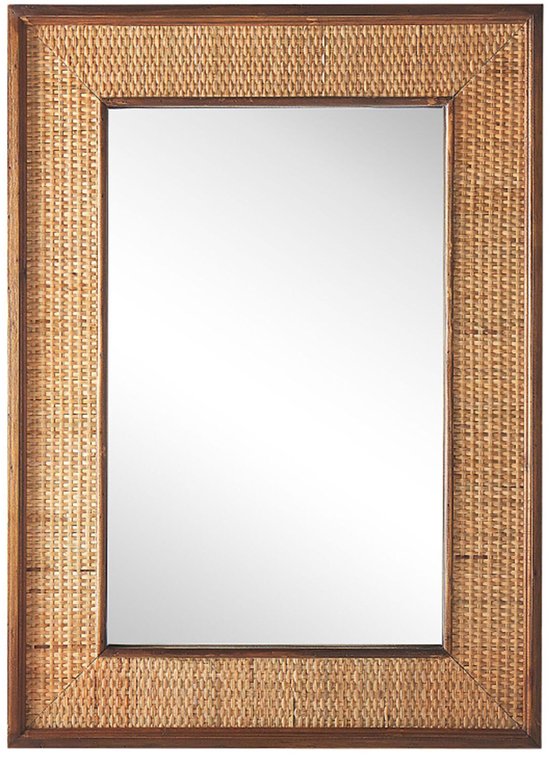 Rechthoekige wandspiegel met een natuurlijk geweven bamboe frame.