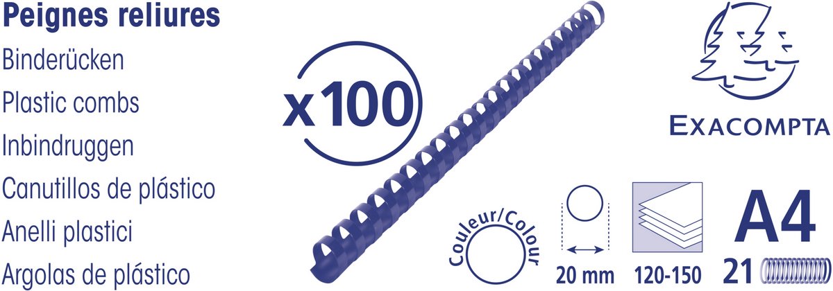 Exacompta Doos van 100 plastic spiraal inbindruggen 20 mm - A4 - Zwart - 75601E