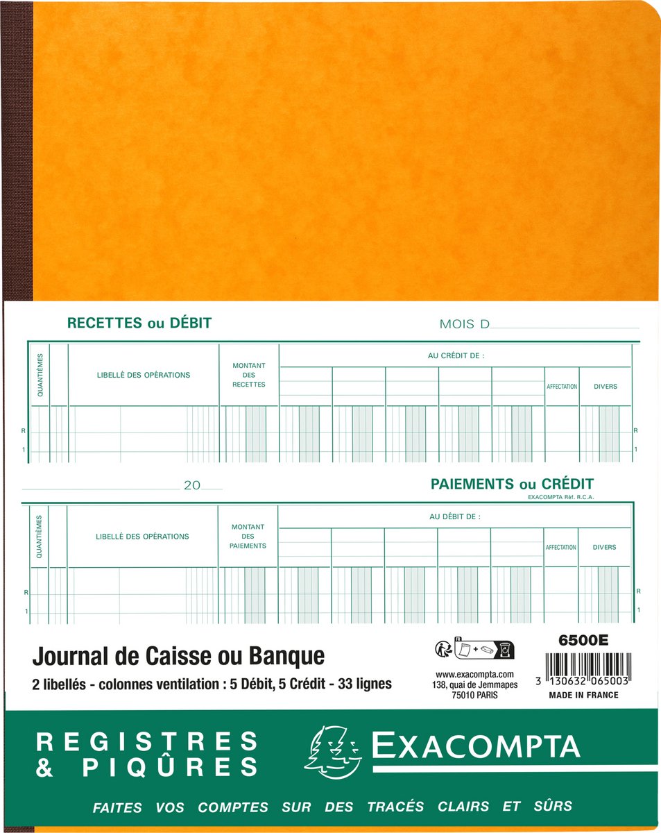 Exacompta Boekhoudingsregister Kas- en/of bankboek - 33 lijnen - 5 Debit, 5 Credit - Franstalig - ingebonden - 80 blad - Geassorteerd - 6500E