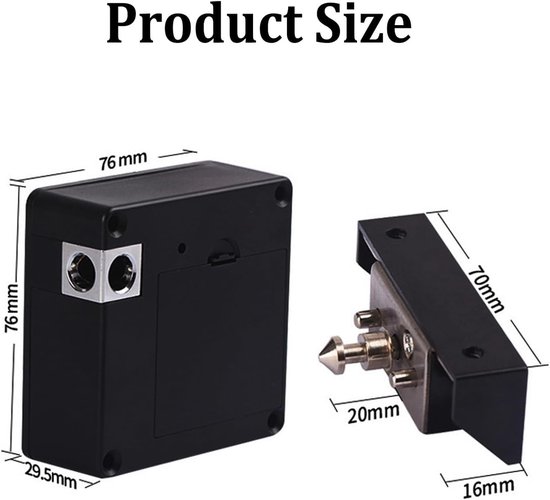 Afmetingen van een zwart elektronisch kastslot en het bijbehorende sluitmechanisme, met vermelding van de afmetingen in millimeters.