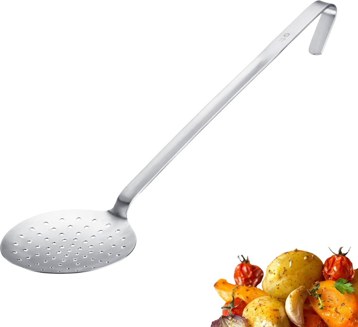 Westmark schuimspaan Pro – Roestvrijstalen opscheplepel met ophanghaak – Perfecte opscheplepel voor afscheppen, frituren en professionele keukens – Zilver, Ø 12 cm