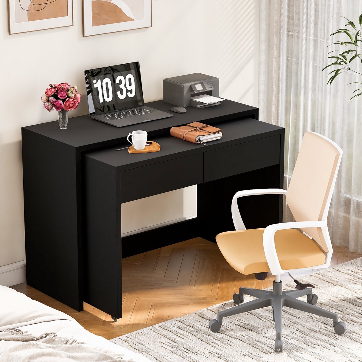 Sweiko 2-in-1-Bureau - 2 lades - Vrij te combineren - Massief houten blad - Met wielen - Zwart