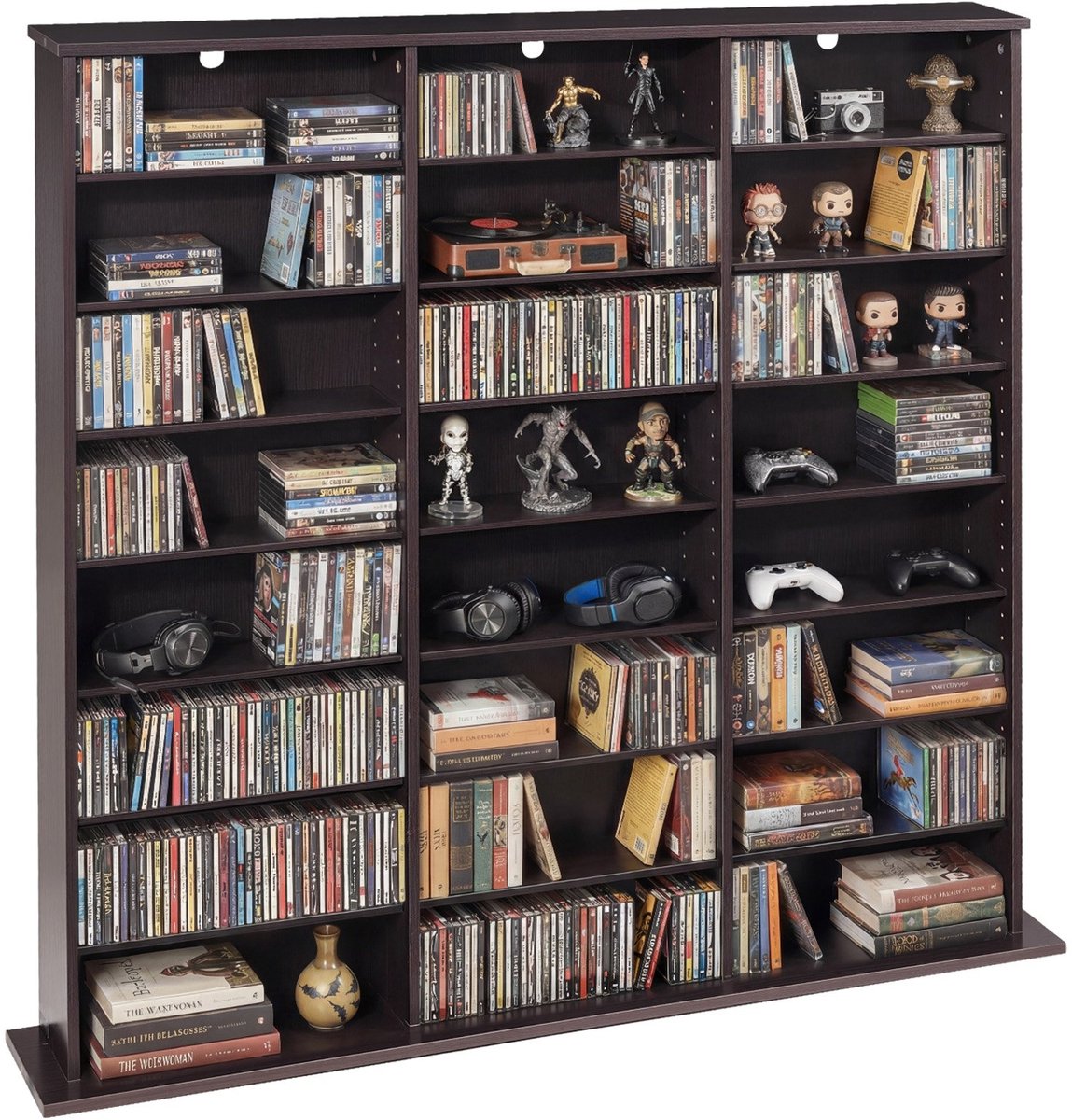 CD/DVD Opbergrek - Vrijstaand Mediarek - 24 Vakken - 8 Niveaus - 142 x 22 x 130 cm - Ruimtebesparend - Voor Cd's, Dvd's, Boeken & Games - Bruin