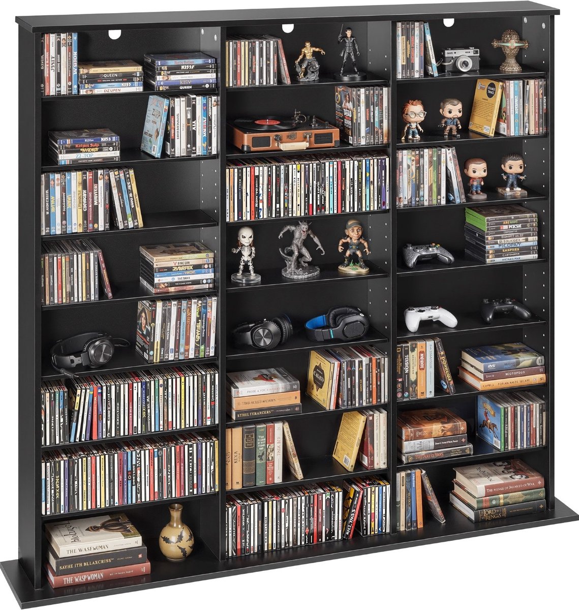 CD-/DVD-rek - Mediakast - 24 Vakken - 8 Niveaus - Vrijstaand - Voor cd's, dvd's, boeken en games - 142 x 22 x 130 cm - Zwart