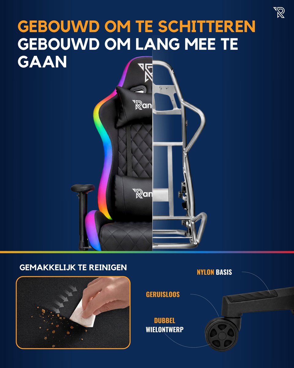 Ranqer Halo Gamestoel RGB Zwart met LED Verlichting - afbeelding 2