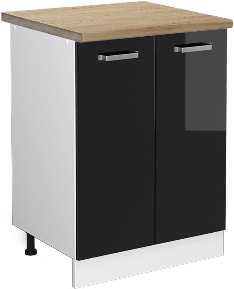 Keukenonderkast - Keukenkast - Keukenopslag - Verstelbare voeten - 60 cm breed - Zwart hoogglans