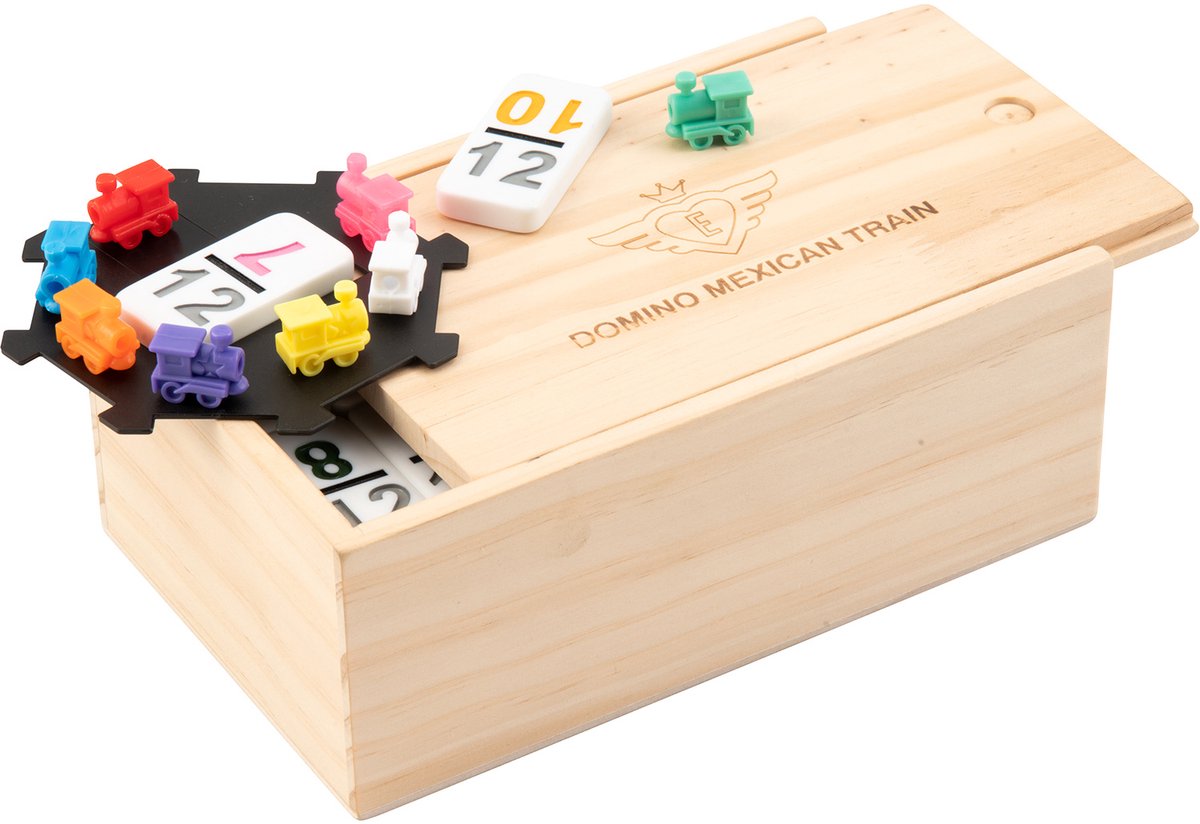 Domino Dubbel 12 Nummers Mexican Train – 91 Stenen met Gekleurde Nummers – Houten Kist met Schuifdeksel – Inclusief Station & Treinen – Strategisch Familiespel – Engelhart — afbeelding 8