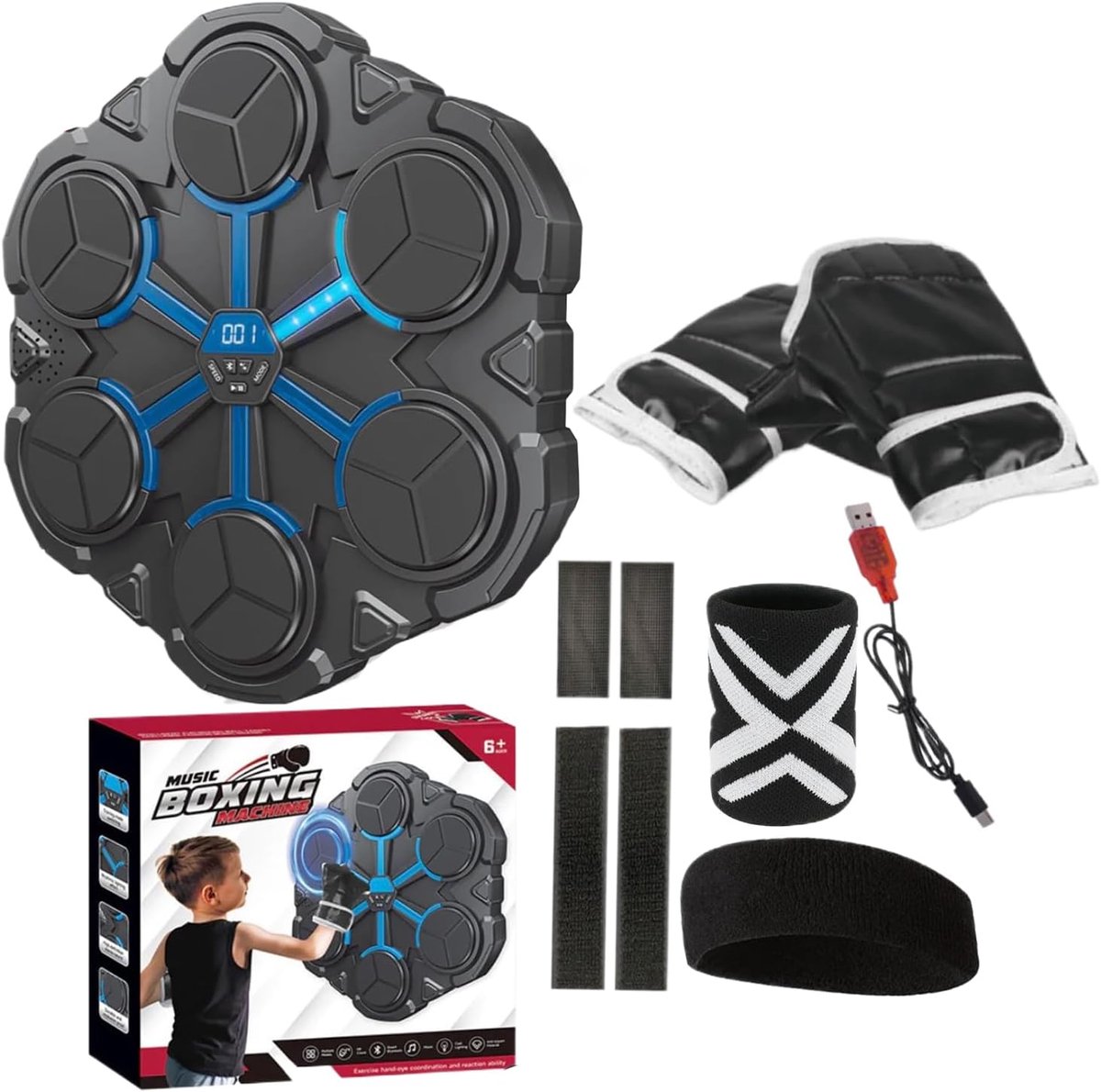 Muzikale Boksmachine - Fitness Bokser - Thuis Trainen - LED Slaggeleiding - 36 x 33 x 8 cm - Zwart