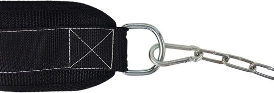 Zwarte diptrainingsriem met metalen ring en ketting.