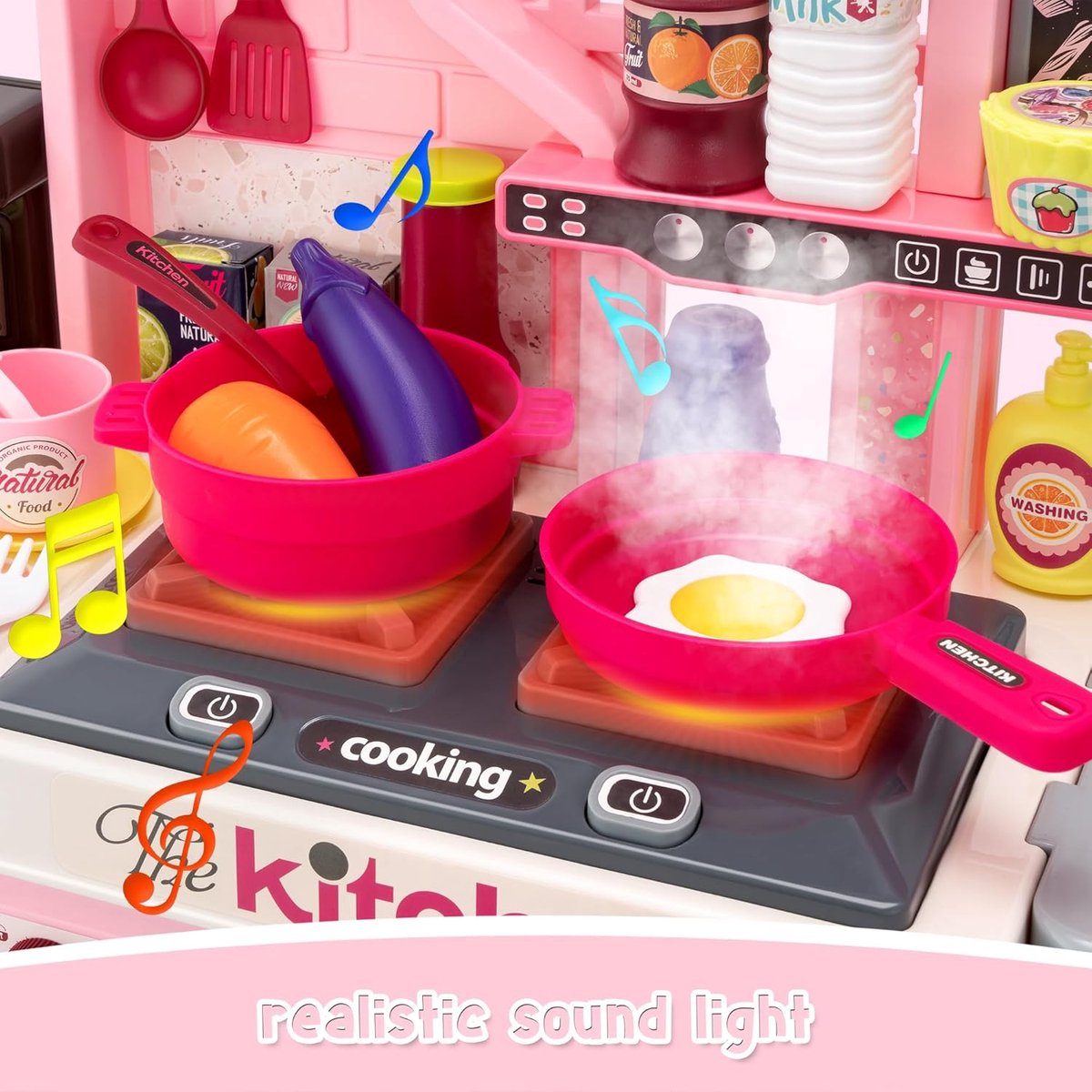 53-delige speelkeukenset voor kinderen - 69 cm speelkeuken met geluid en licht, kookplaat, speelgootsteen, oven, keukenspeelgoed, fantasiespel, keukenspeelgoed voor peuters van 1, 2 en 3 jaar (roze) — afbeelding 7