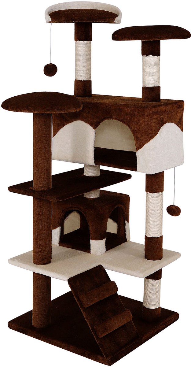 lionto Kattenkrabpaal 130 cm groot, met trap, grot & speelballen, bruin/beige