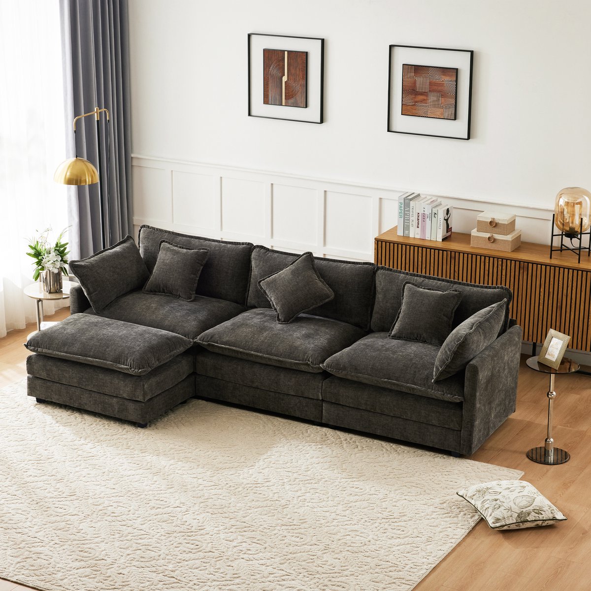 Wishdor Grote Wolk Hoekbank met Hocker (283x147x84 cm) - XXL 3-Zits Plofbank / Loungebank - Modulair - Chenille - Donkergrijs