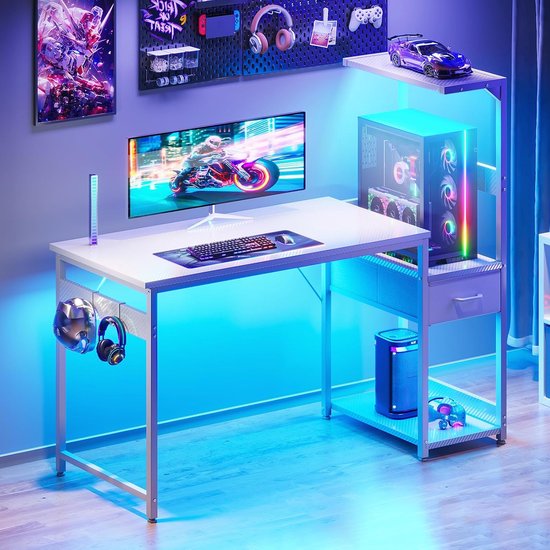 Gaming Bureau - Computer Werkplek - Thuiswerken Gamers - Geïntegreerde LED Verlichting - 120x48cm - Wit Carbon — afbeelding 2