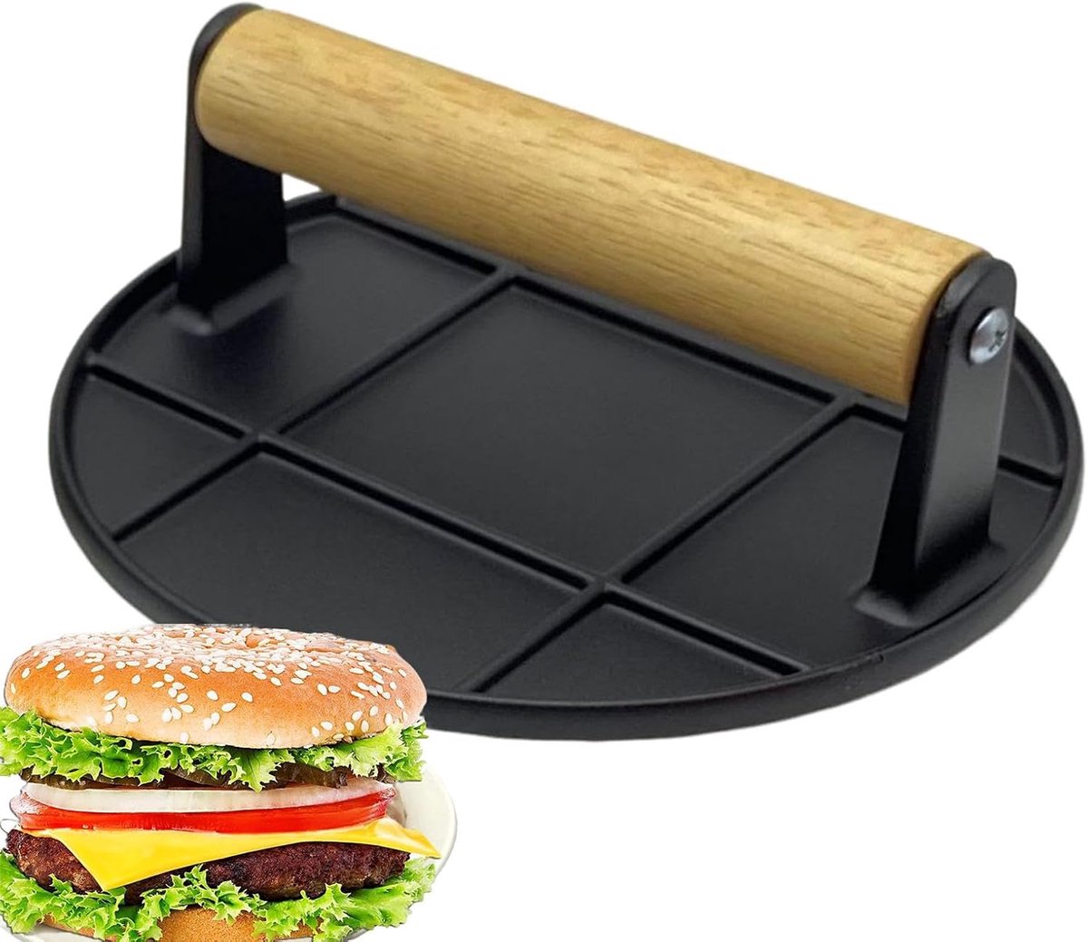 Burger Pers - Grillplaat Pers - Sappige Burgers - Roestwerend Aluminium - 16 cm Rond