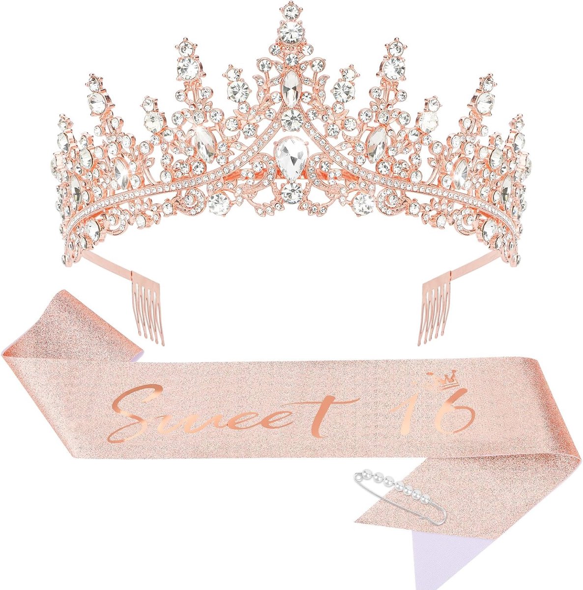 Verjaardags Sjerp Kroon - Feestdecoratie Set - Zestiende Verjaardag - Glitter Stof Strass - One Size Fit All - Roségoud