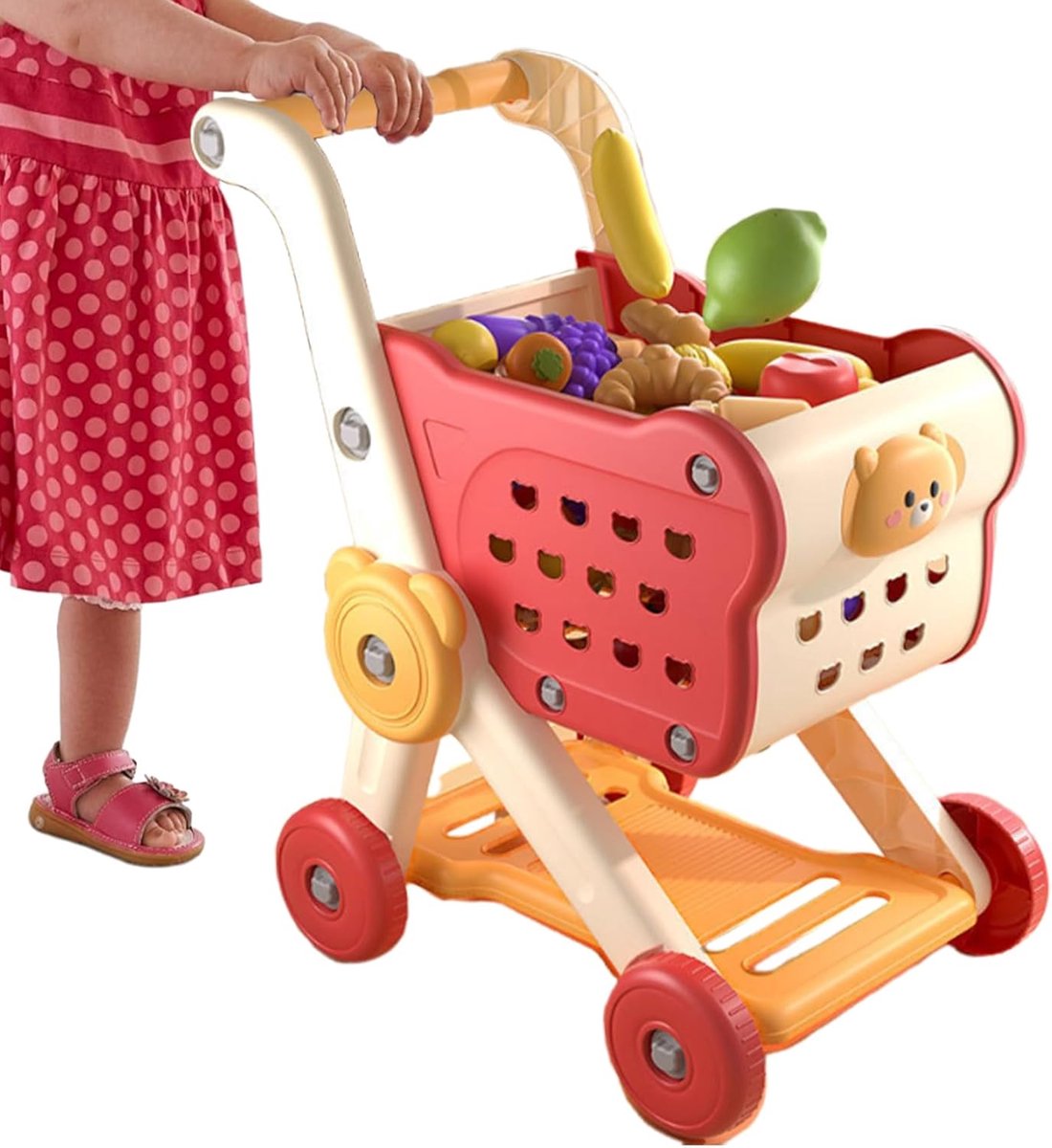 Kinder Winkelwagen - Speelgoed Kar - Rollenspel Leren - Inclusief Fruit Groente - 40 x 50 cm - Rood