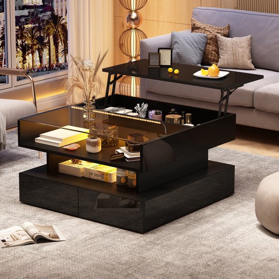 Salontafel - 80 x 80 x 45 cm - Verstelbare Salontafel met 2 Laden en Opbergruimte - LED - Glas - Zwart