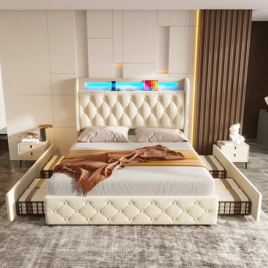 Bed - Opbergbed - Gestoffeerd bed - Fluweelstof - Met LED-verlichting en USB-poort - Hoofdbord met plank en opbergruimte - Tweepersoonsbed met 4 lades - Matras niet inbegrepen - 140x190 cm - Wit