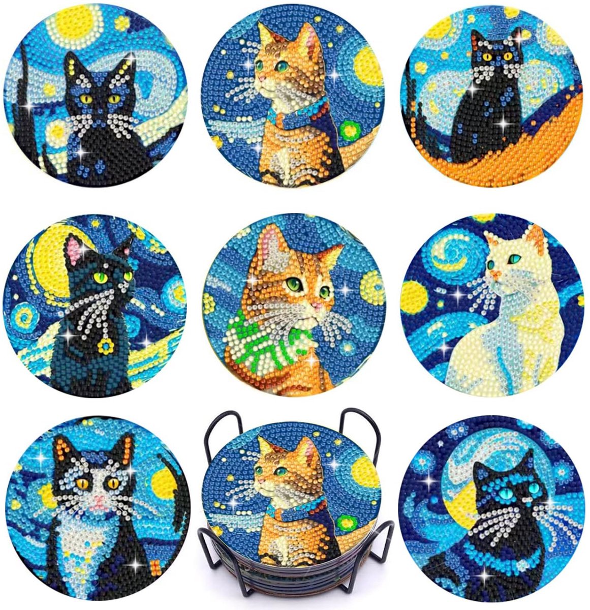 YYchan Onderzetters met houder-Diamond Painting-Set van 8 - Kurk-Sterrenhemel Kat- Hittebestendig voor Buiten & Binnen - Cadeau Tip