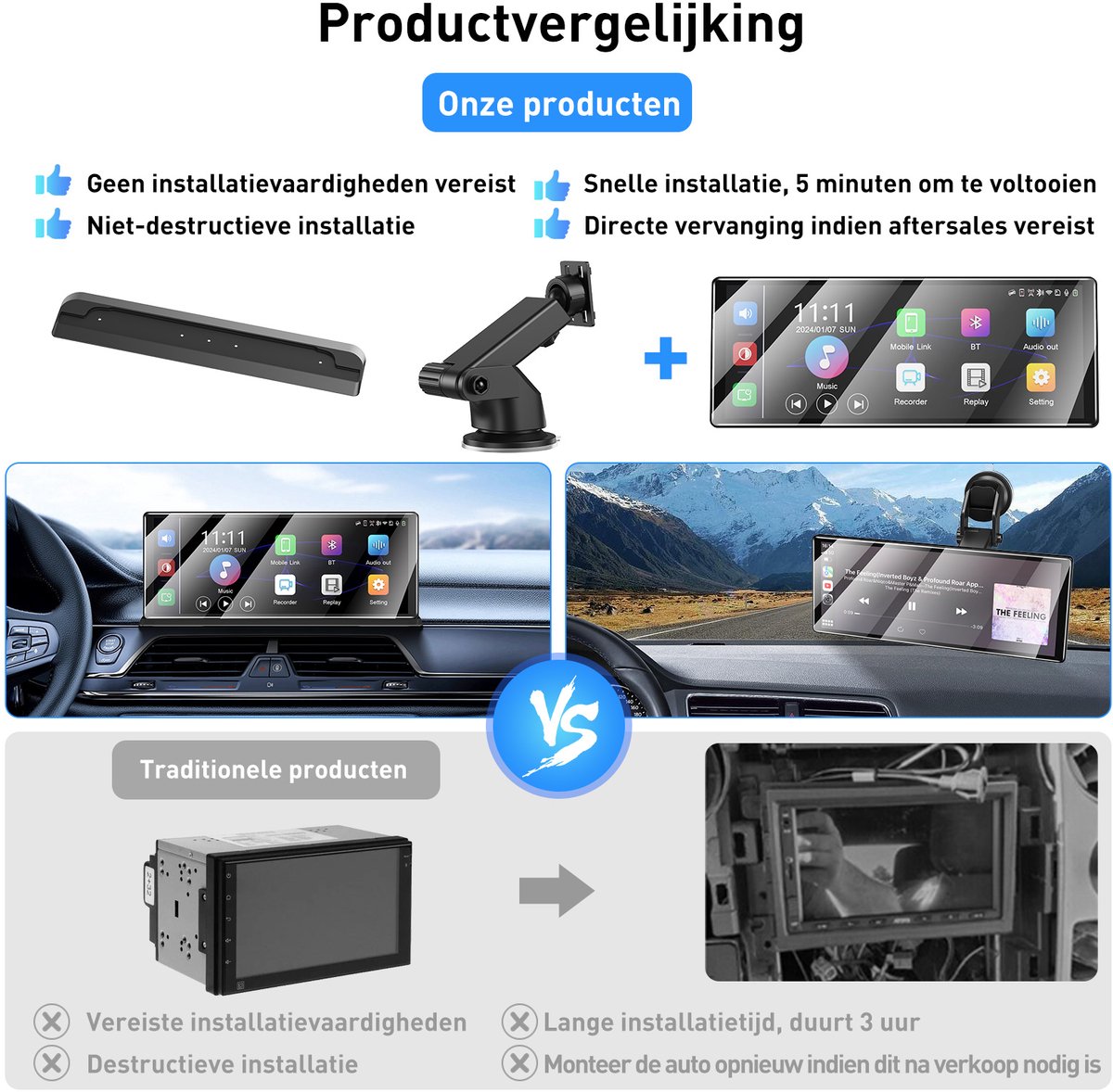 ESSGOO 11,3" draagbaar CarPlay scherm met 4K dashcam, achteruitrijcamera, draadloos Apple CarPlay & Android Auto - Afbeelding 5