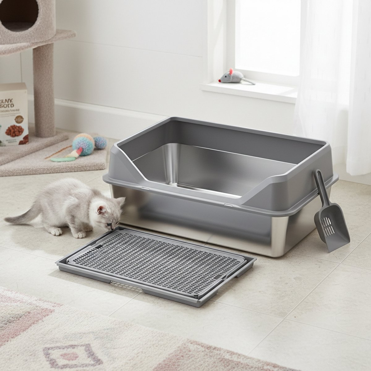 Kattenbak van RVS – Katten Toilet met Strooiselmat en Schep – Hygiënisch en Makkelijk Schoon te Maken – Voor Katten tot 4 kg – 50 x 35 x 20 cm