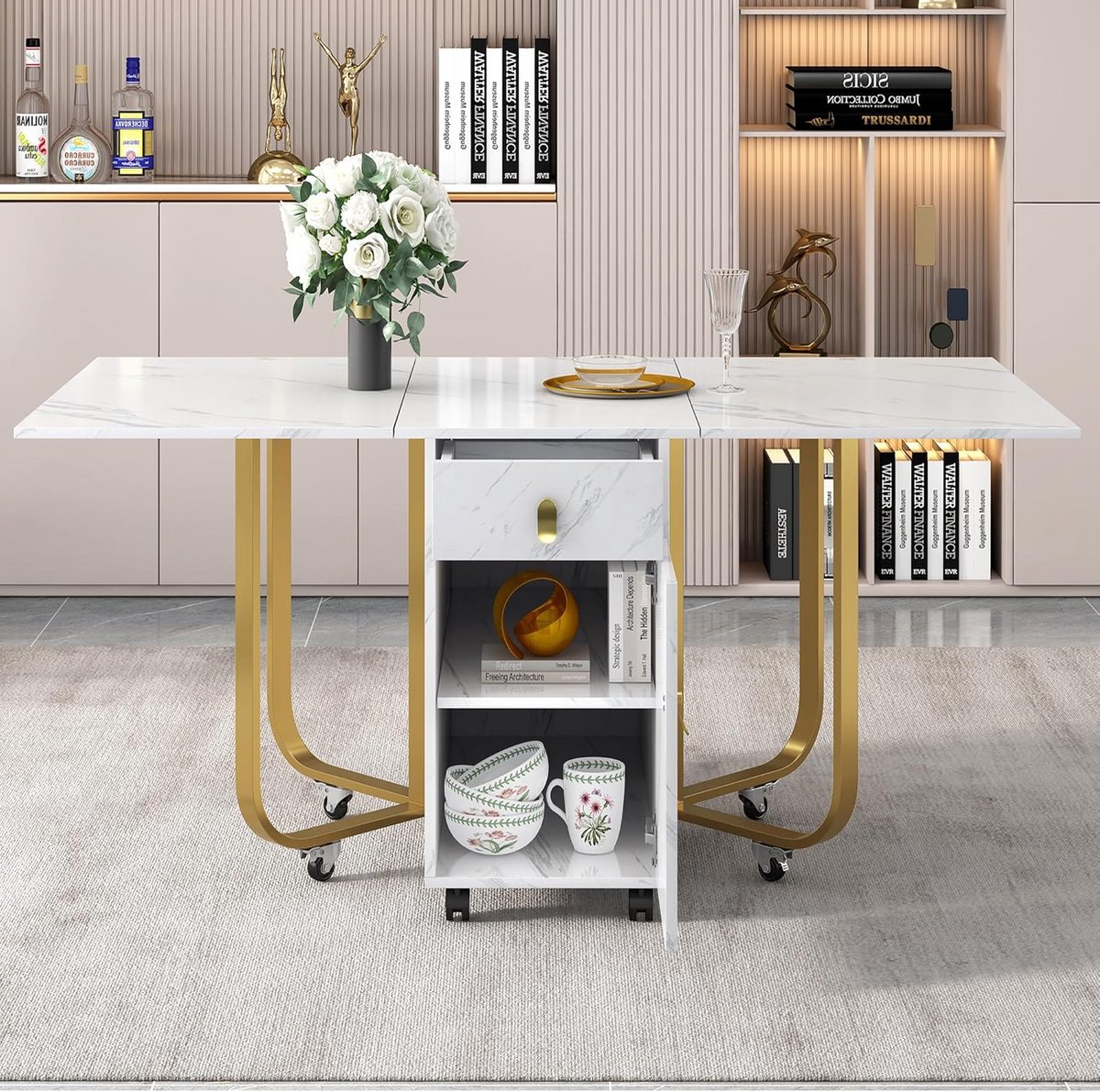 Inklapbare Eettafel - Keukentafel Opklapbaar - Ruimte Besparen - Met Opbergruimte - 80 x 150 cm - Wit Goud