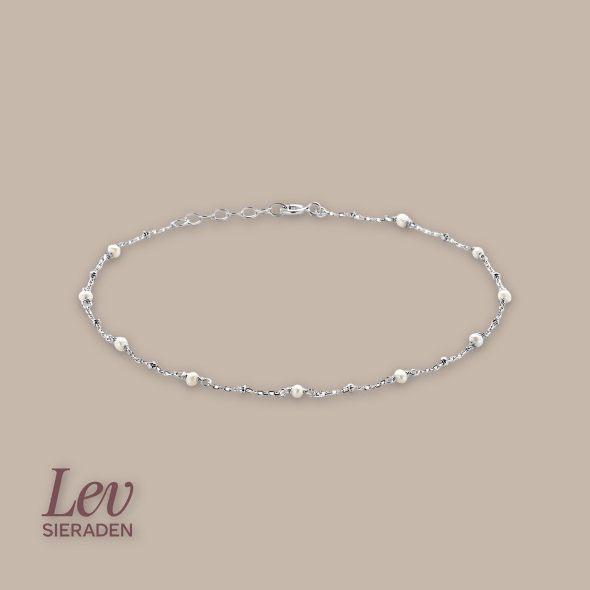925 zilveren enkelbandje met zoetwater parel - 24 + 2 cm Gerhodineerd 925 zilveren enkelband - Lev Sieraden